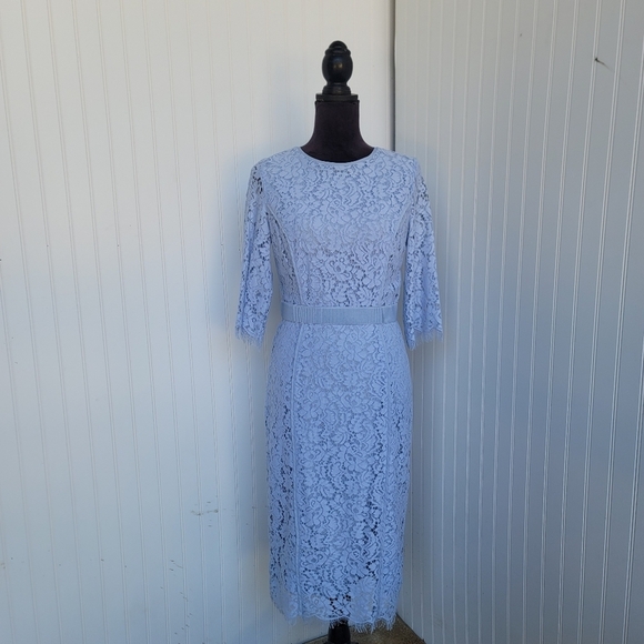 eva mendes for New York & Company Dresses & Skirts - Women’s EVA MENDES Light Blue Eyelet Lace Dress Short Sleeve Midi Pencil Sz S